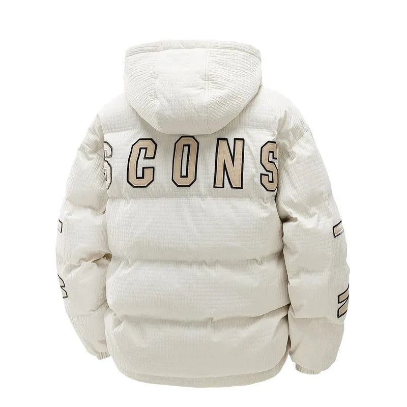 Men's black hooded winter coat with white letter print, shown as a cardigan with side pockets.