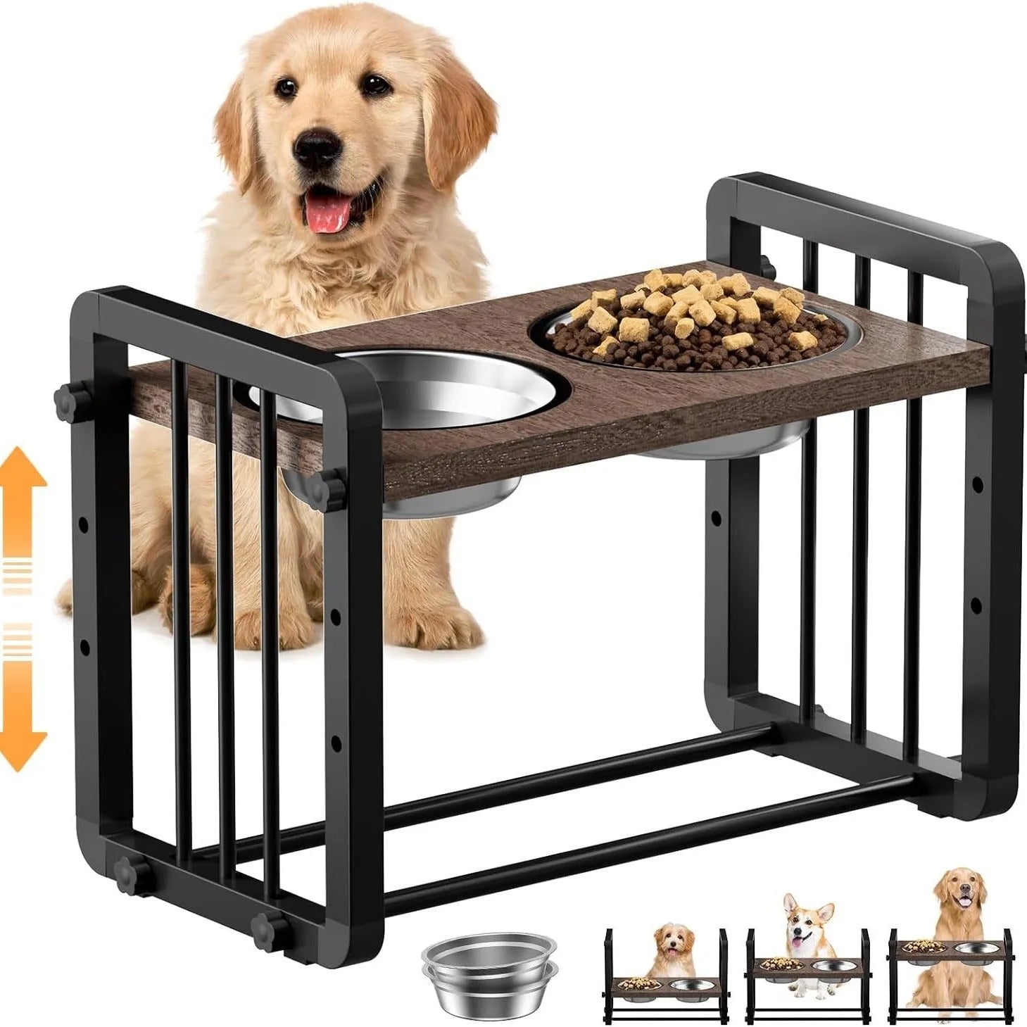 Black wooden non-slip dog bowl bracket 37x23cm on floor with dog bowl