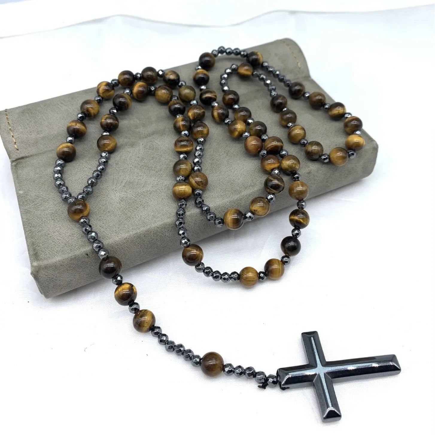 Hand-woven stone cross pendant necklace on 80cm ball bead chain, unisex geometric design