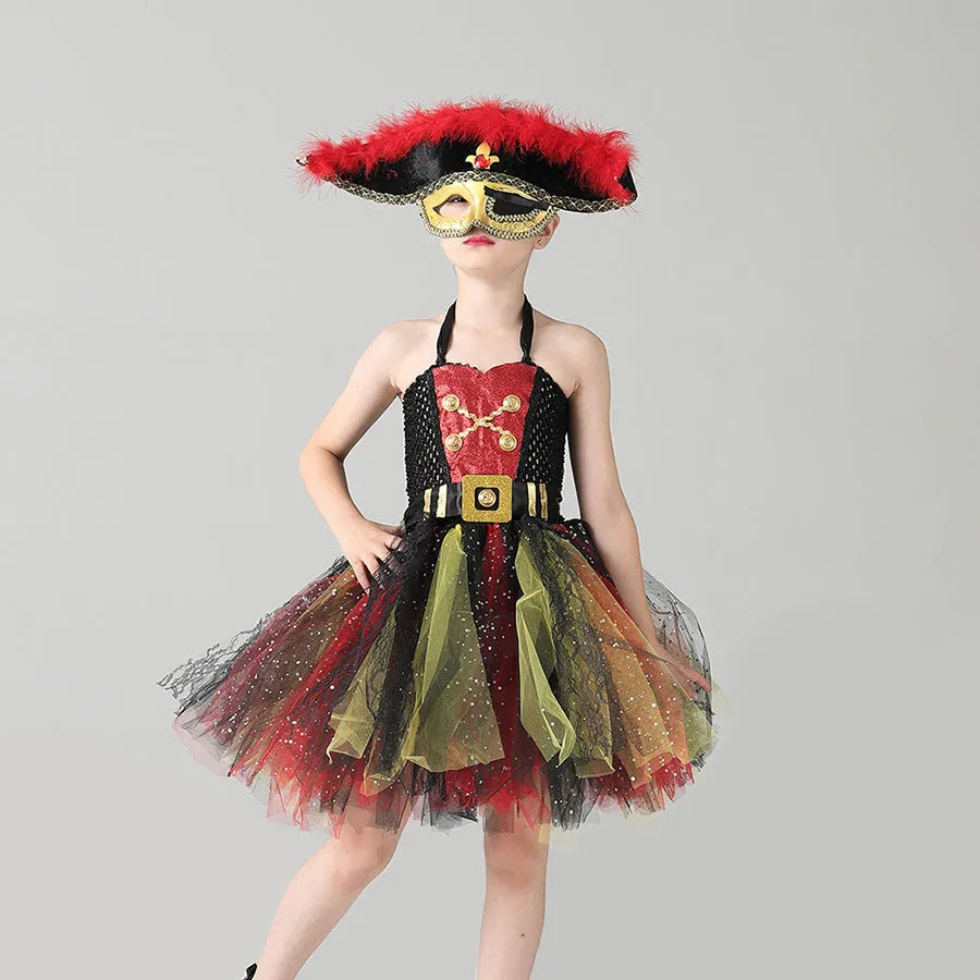 Girls sleeveless pirate costume dress with black sequins, red gauze mesh, and lace details on a black skirt.
