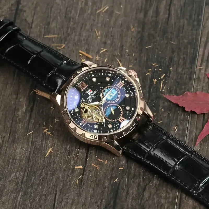 Men's automatic mechanical watch with hollow skeleton dial, black leather strap, rose gold case