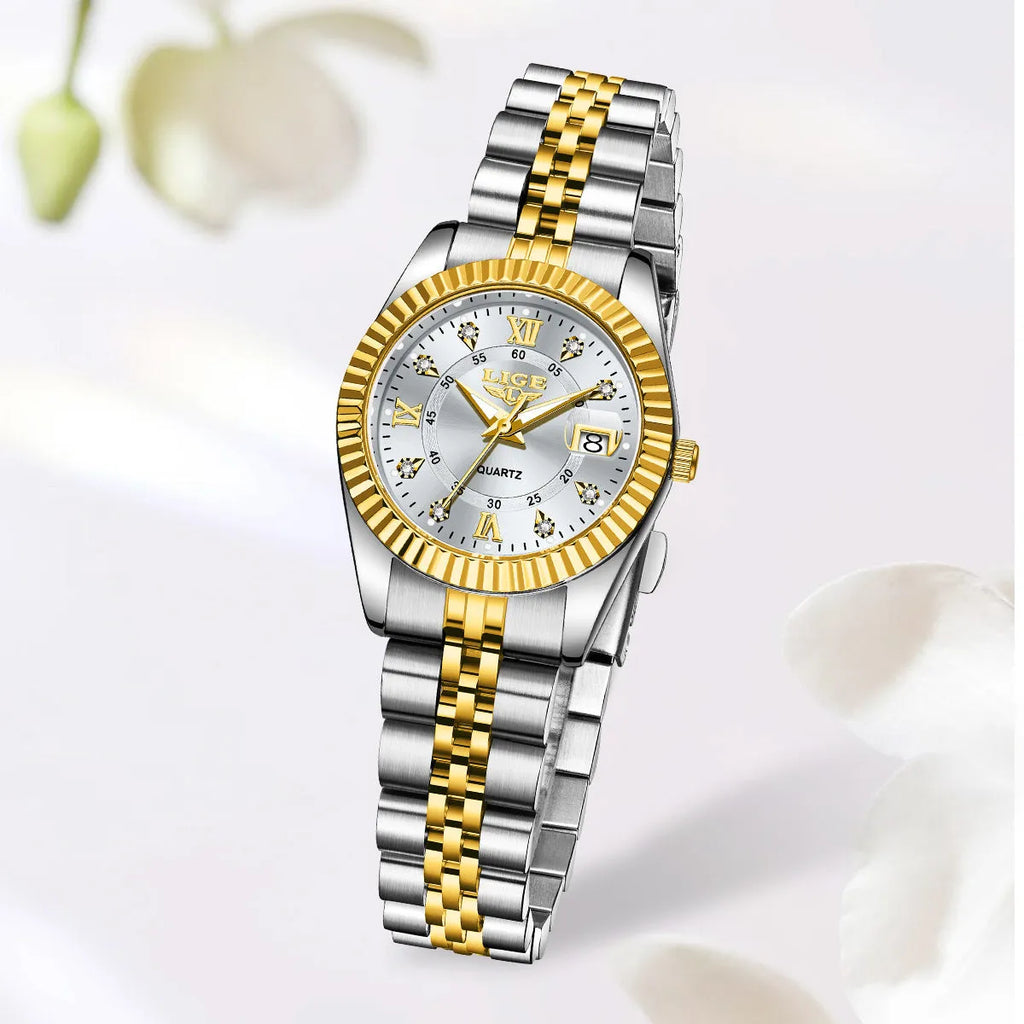 Slim 10mm thick waterproof quartz wristwatch for women in gold and silver colour options.