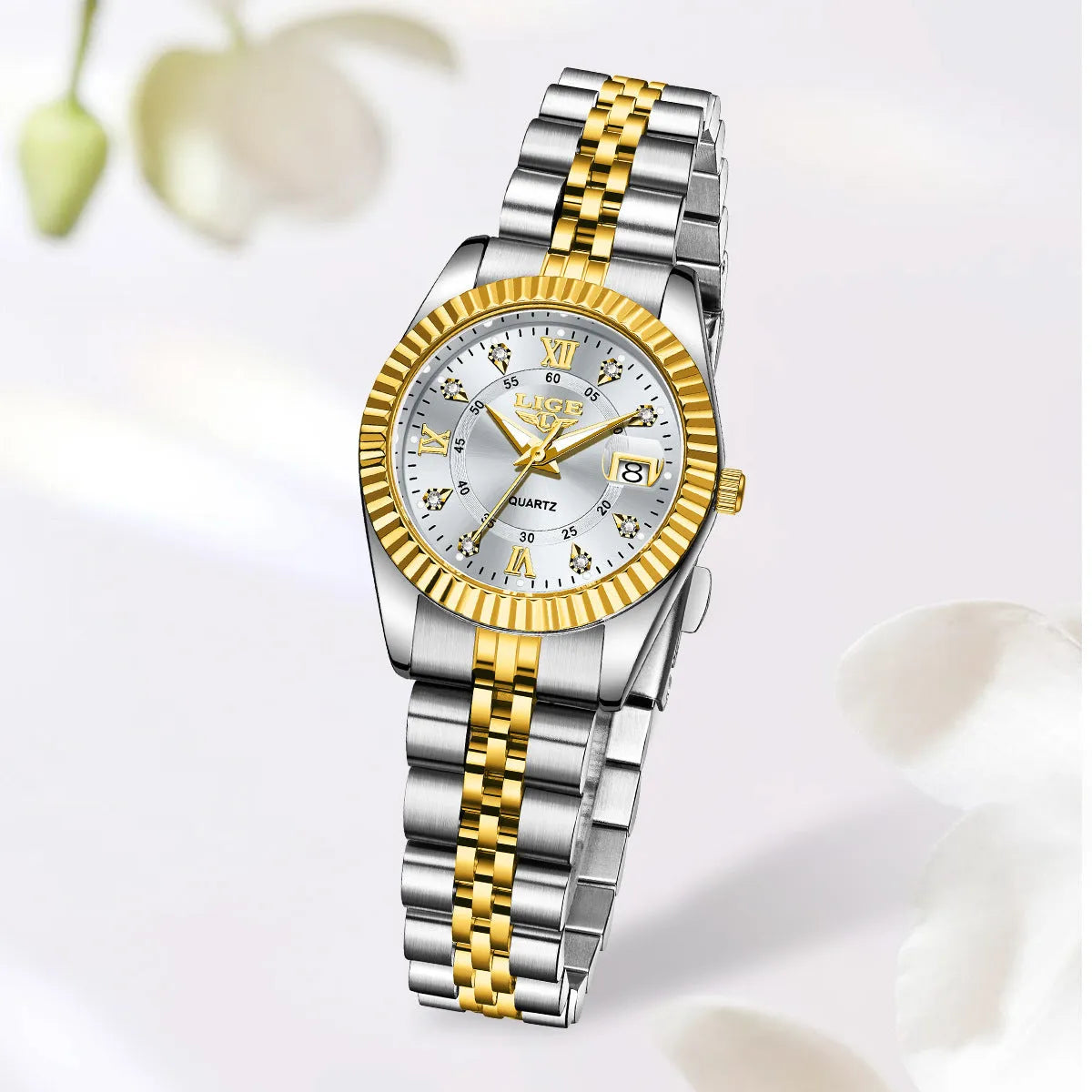 Slim 10mm thick waterproof quartz wristwatch for women in gold and silver colour options.