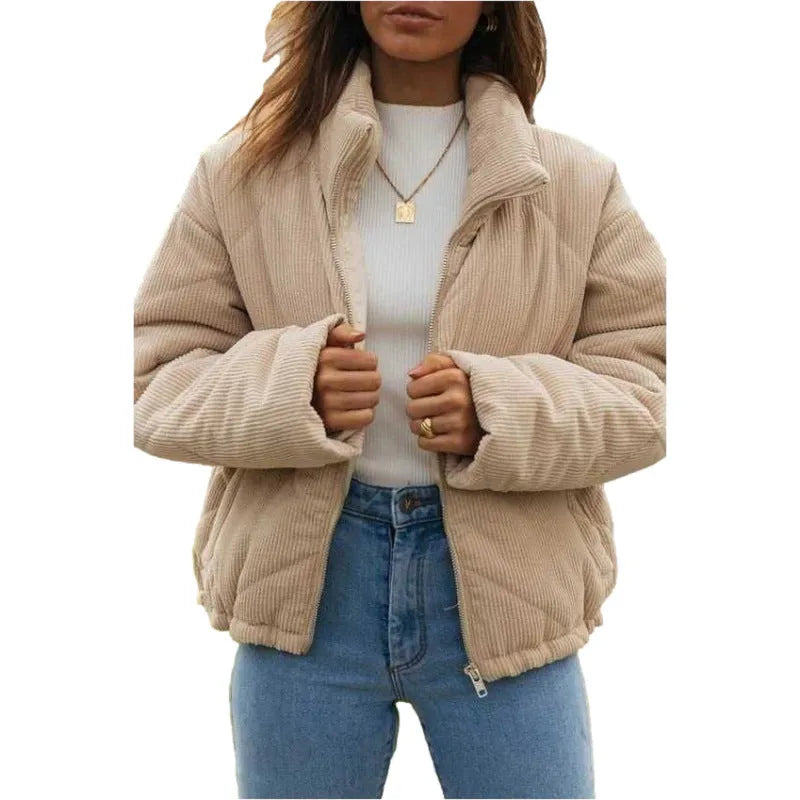 Women's apricot corduroy wadded jacket with stand collar and long sleeves