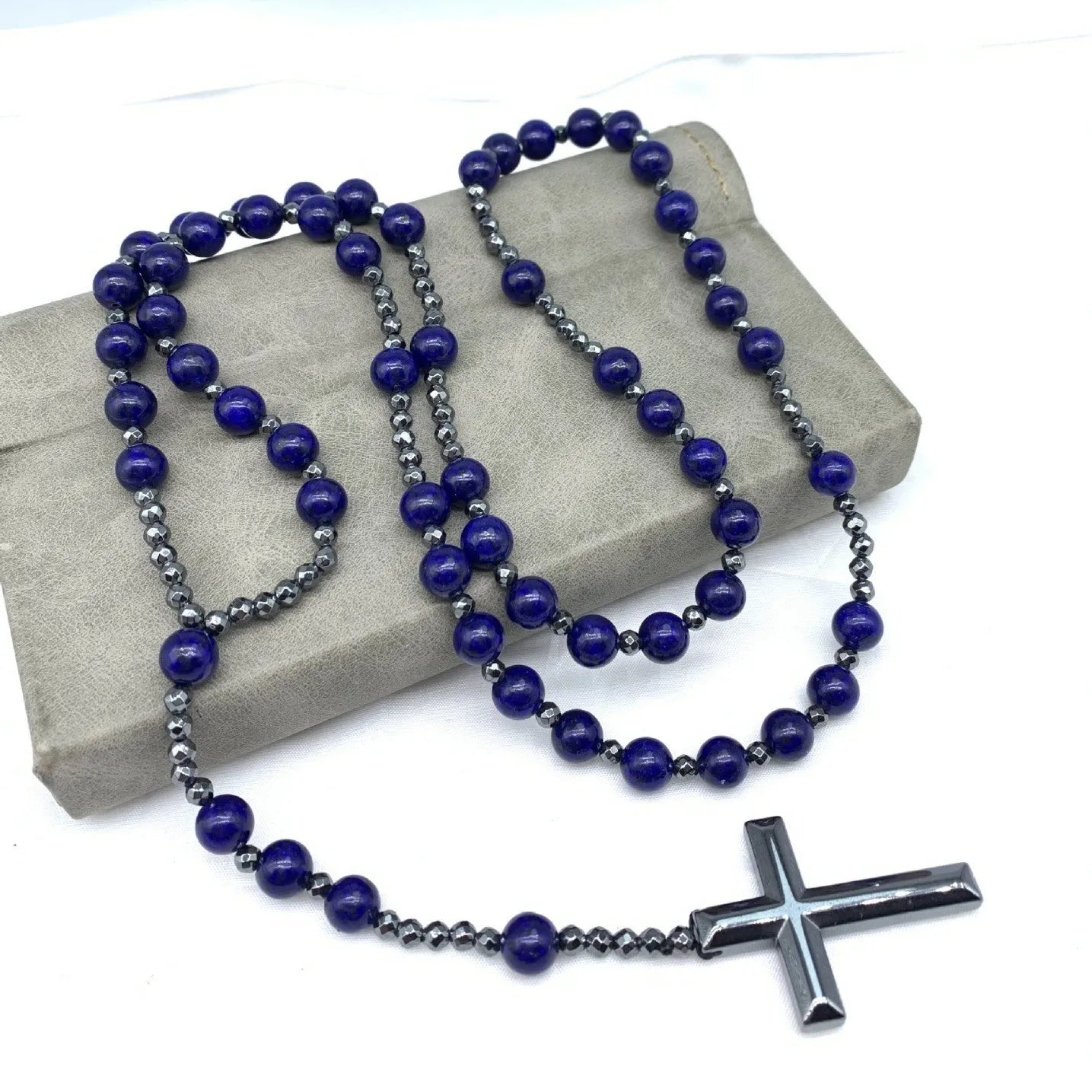 Hand-woven stone cross pendant necklace on 80cm ball bead chain, unisex geometric design
