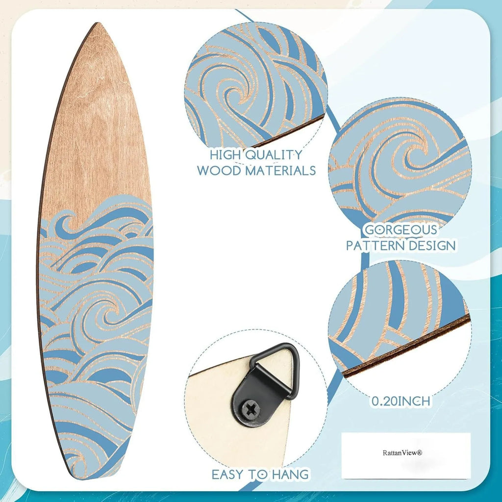 Three wooden surfboard wall decorations made from boxwood, arranged in a row, European style, each 8.5x30cm