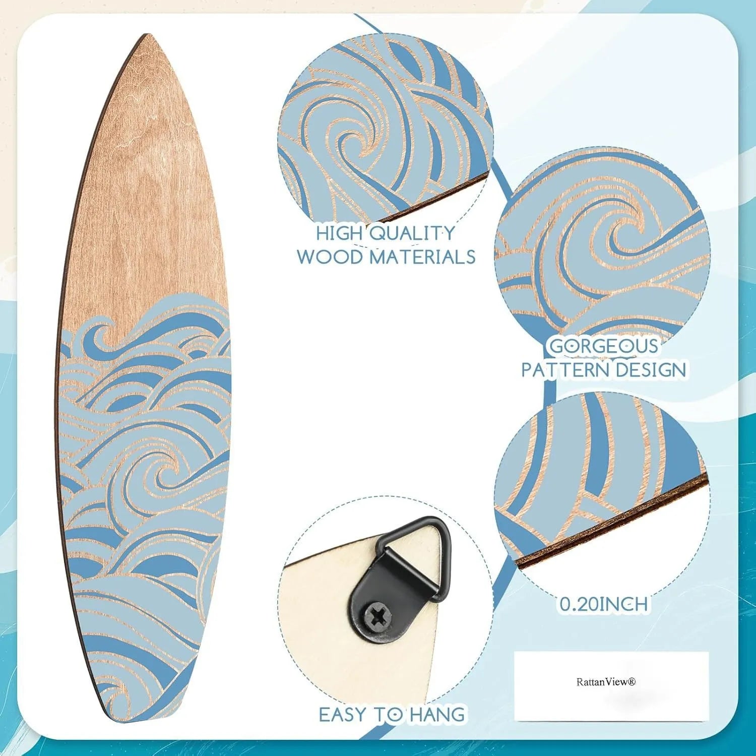 Three wooden surfboard wall decorations made from boxwood, arranged in a row, European style, each 8.5x30cm