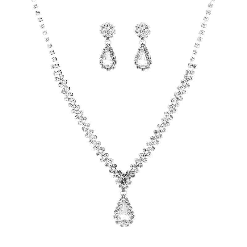 Rhinestone claw chain necklace and earrings set with water drop shape, available in multiple colours for women.