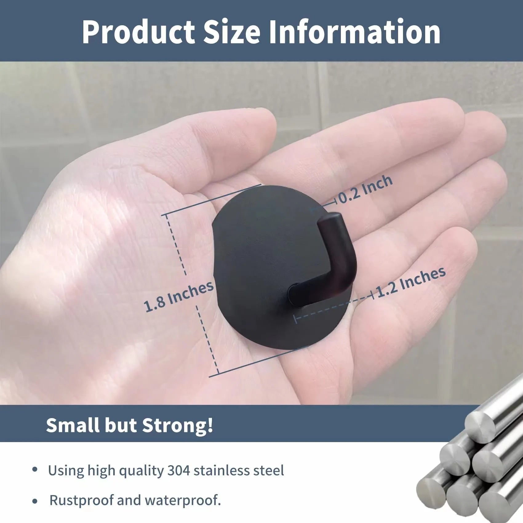 Two round stainless steel self-adhesive hooks, one black and one sanded polished, on a white background.
