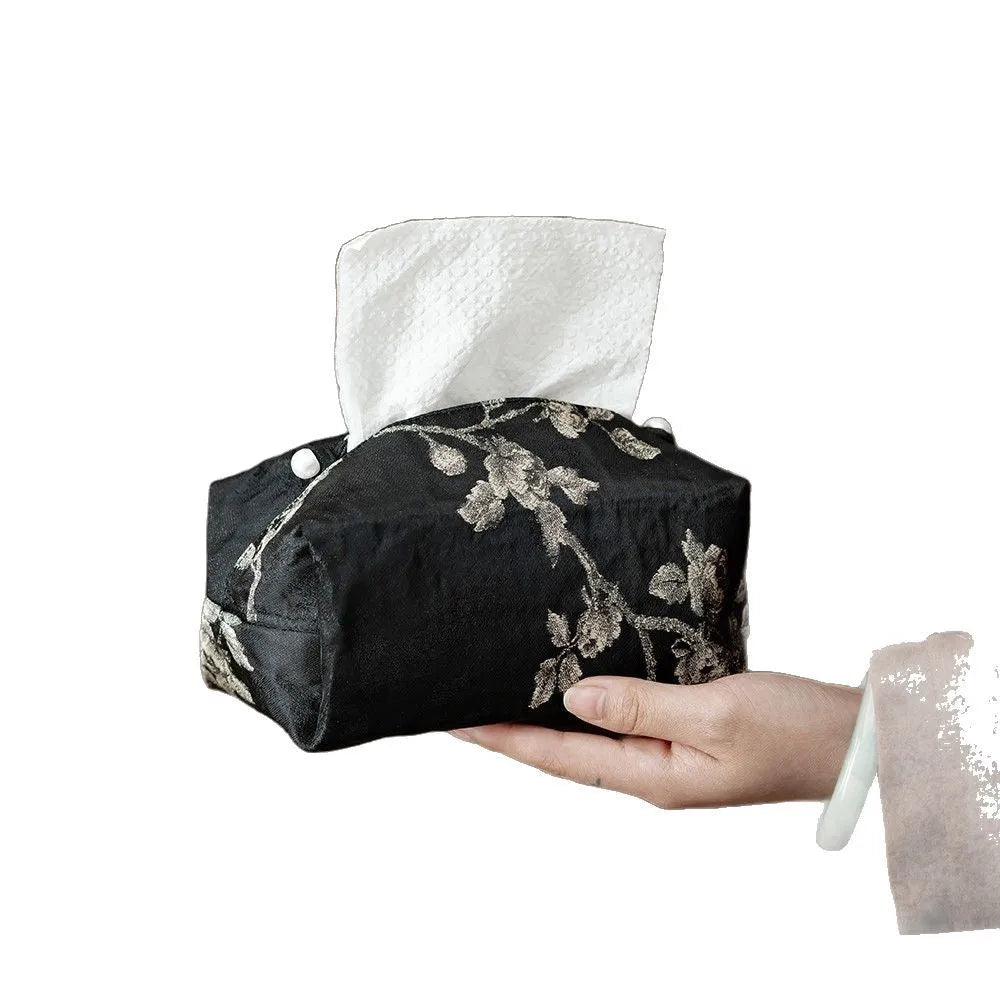 New Chinese style brocade fabric tissue box with embroidery white plum pattern