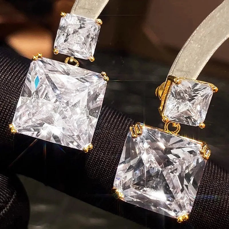 Geometric square copper earrings with quadrilateral ornament in white gold or gold colour finish