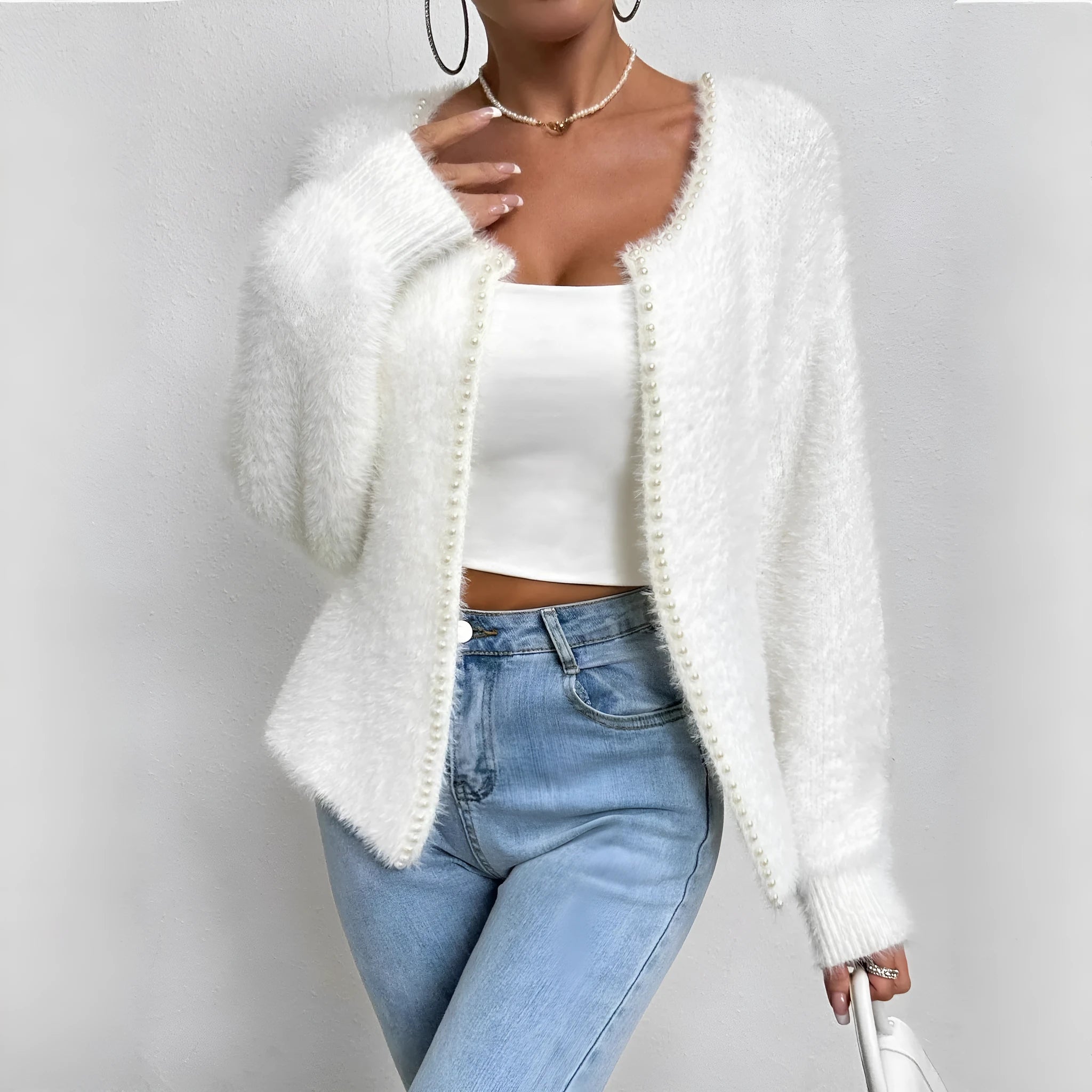 White women's cardigan with V-neck and beaded knit detail, medium thickness polyester fabric