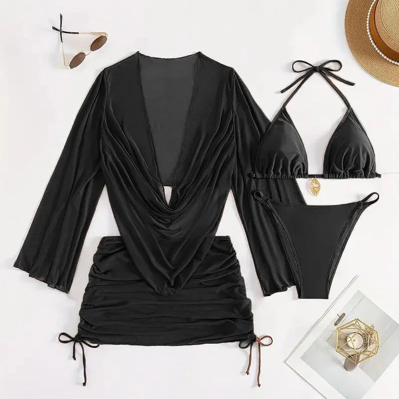Women's lace-up bikini swimsuit set in dark brown or black with backless design