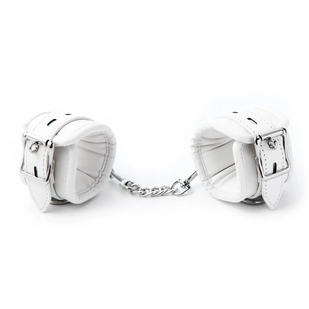 White PU sponge bondage set with handcuffs, foot cuffs and neck cuff for BDSM play