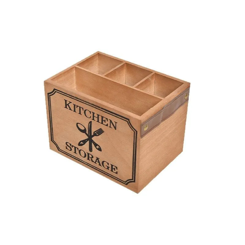 Wooden kitchen storage box with grid compartments for knives forks and chopsticks