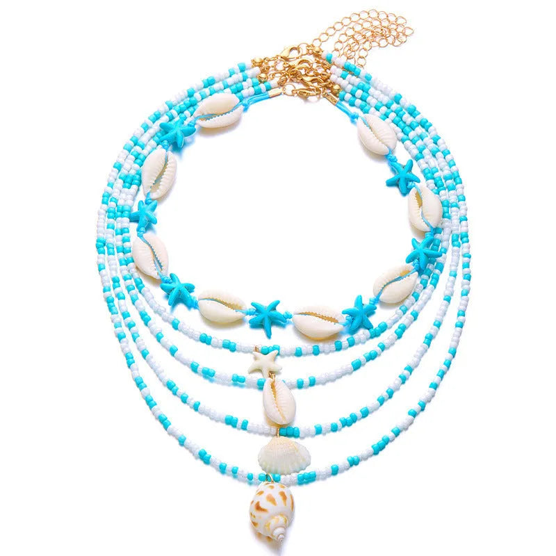 Five-layer starfish shell bead necklace with conch pendant in blue and multicolour options