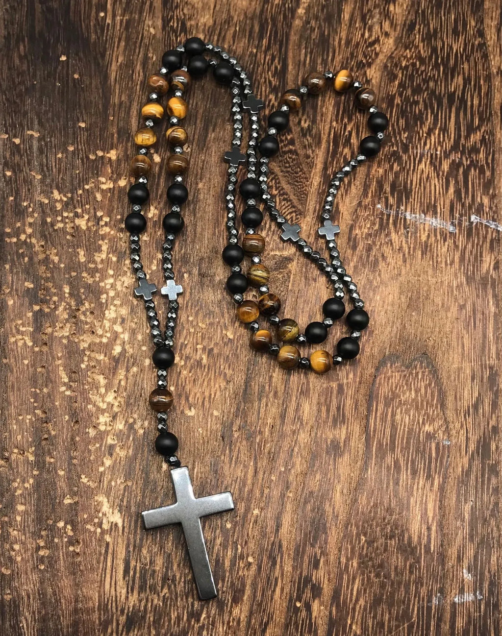 Hand-woven stone cross pendant necklace on 80cm ball bead chain, unisex geometric design