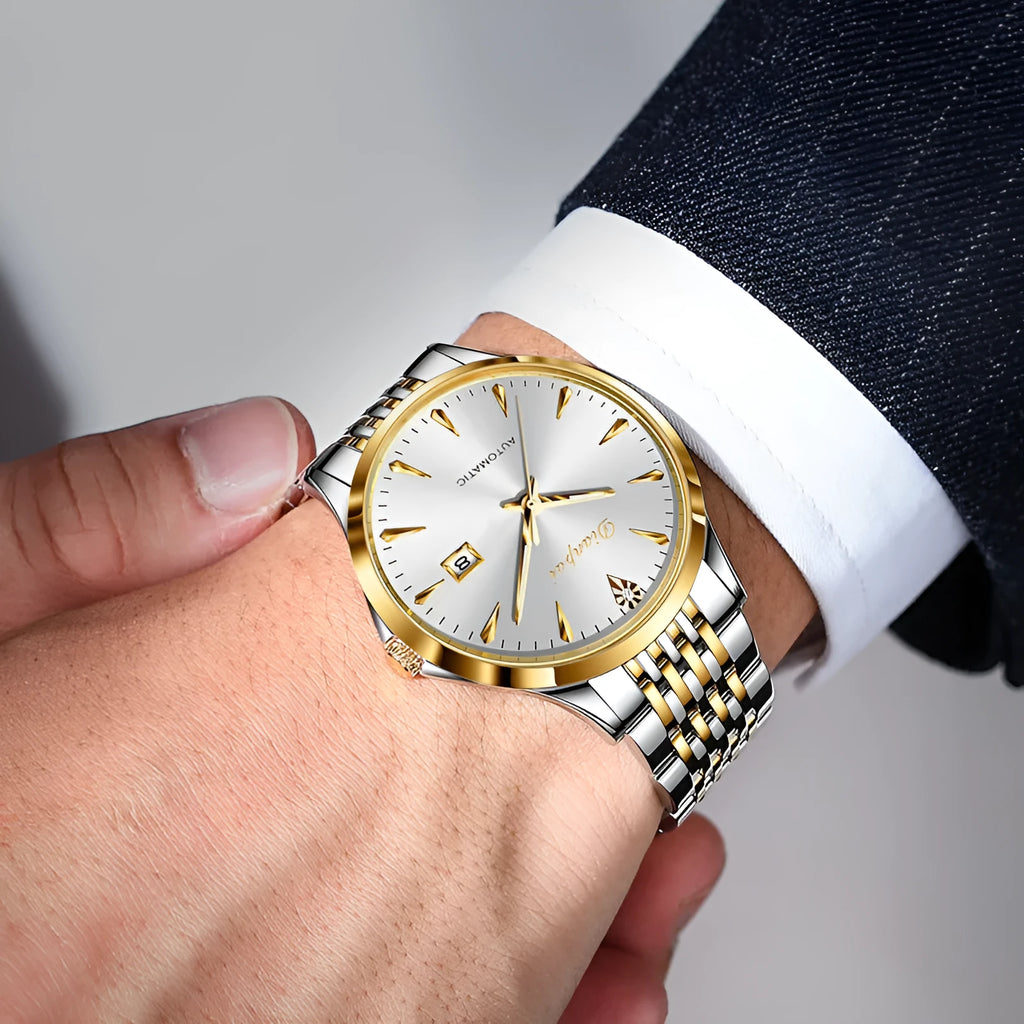 Men's automatic mechanical watch with stainless steel bracelet and mineral glass crystal
