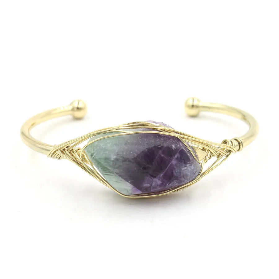 Natural raw gemstone winding bracelet with 8mm amorphous crystal beads in ethnic style design