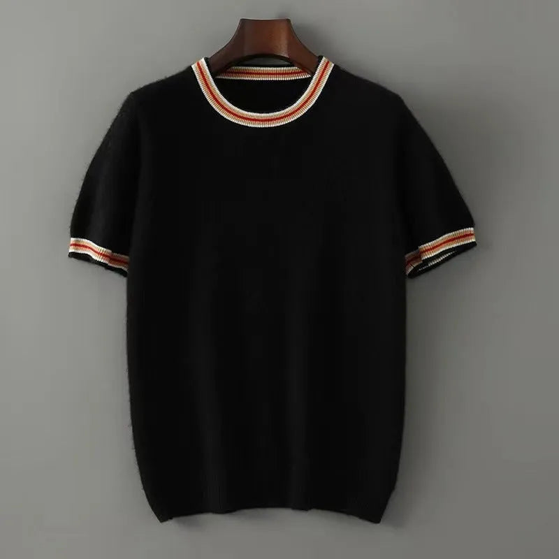 Men's round neck pure wool short sleeve sweater in white, grey and black colours