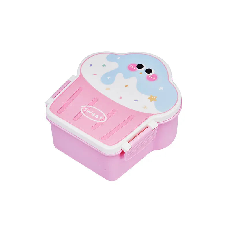 Pink and blue creative ice cream shaped plastic lunch box with spoon and fork set on a table.