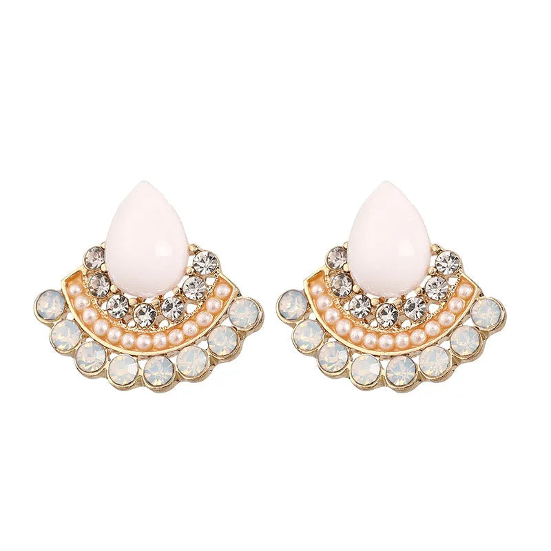 Women's retro fan-shaped needle earrings with sterling silver electroplating and rhinestone accents
