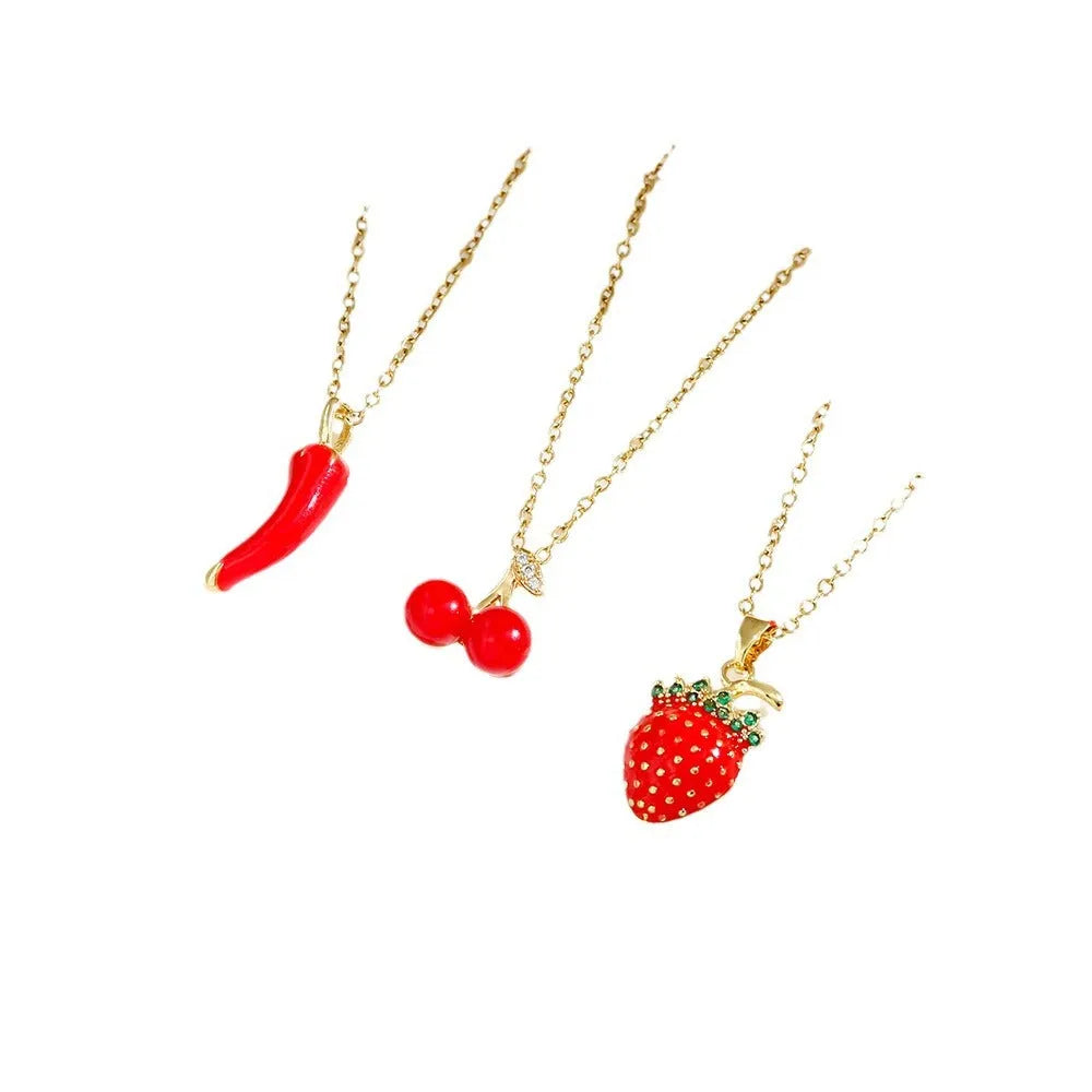 Titanium steel women's necklace with O-ring chain and delicate indie fruit pendant in golden colour options
