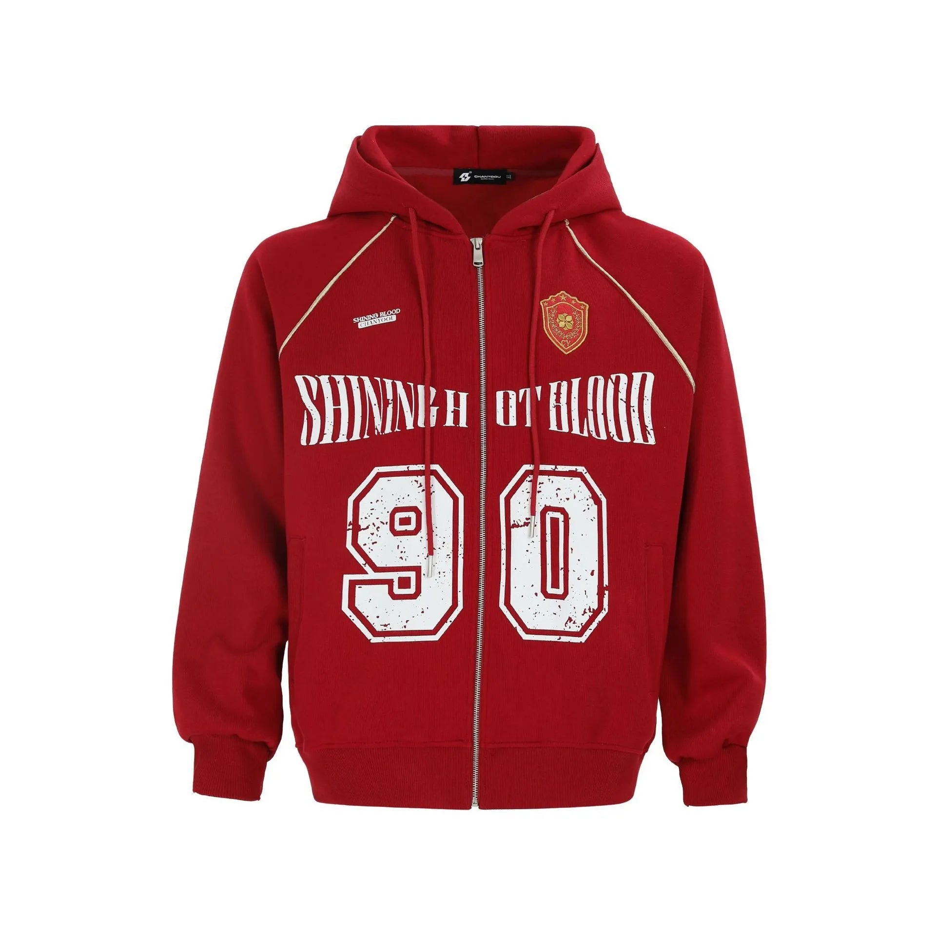Women's red American retro style jacket with embroidered letter patterns and hood