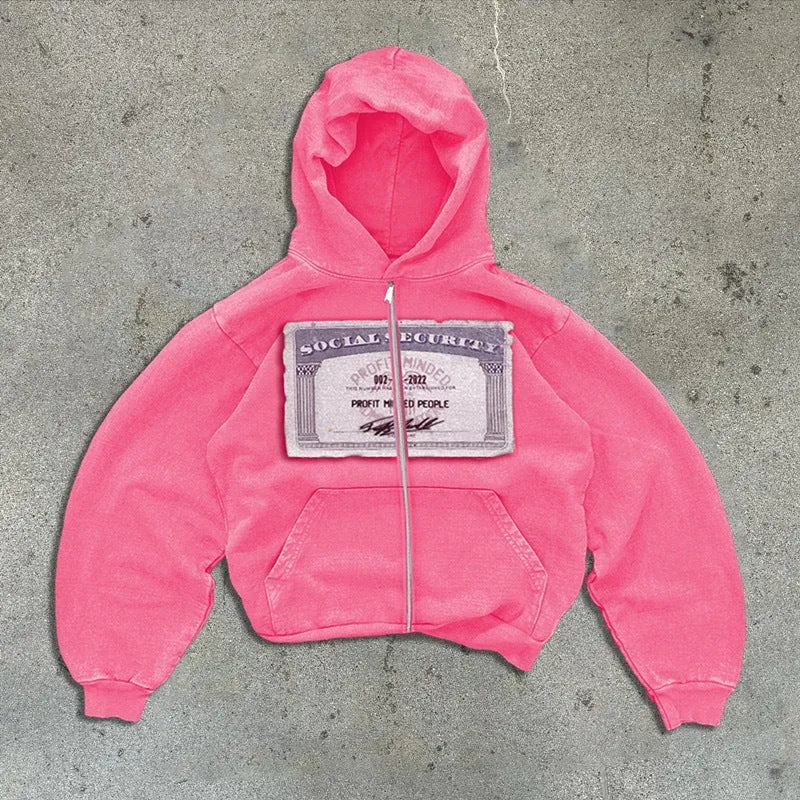 Men's and women's letter pattern hoodie zip jacket in loose European fit with zip pockets