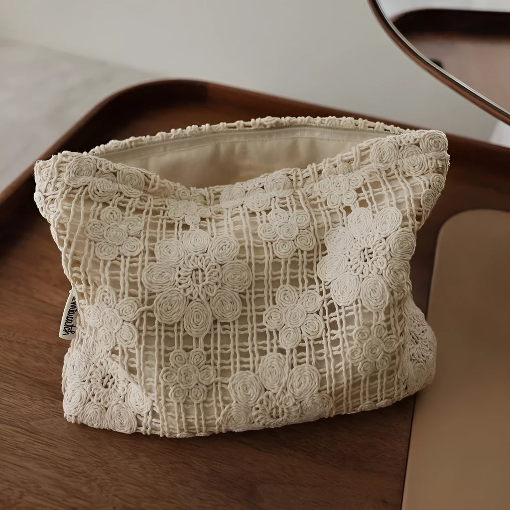 Handmade corduroy cosmetic bag with crocheted hollow flowers and ethnic embroidery in rope colour