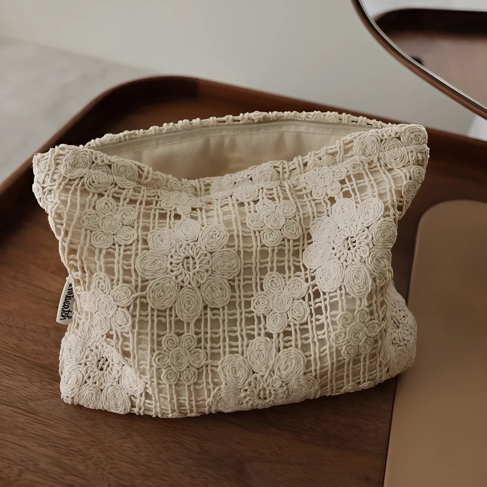 Handmade corduroy cosmetic bag with crocheted hollow flowers and ethnic embroidery in rope colour
