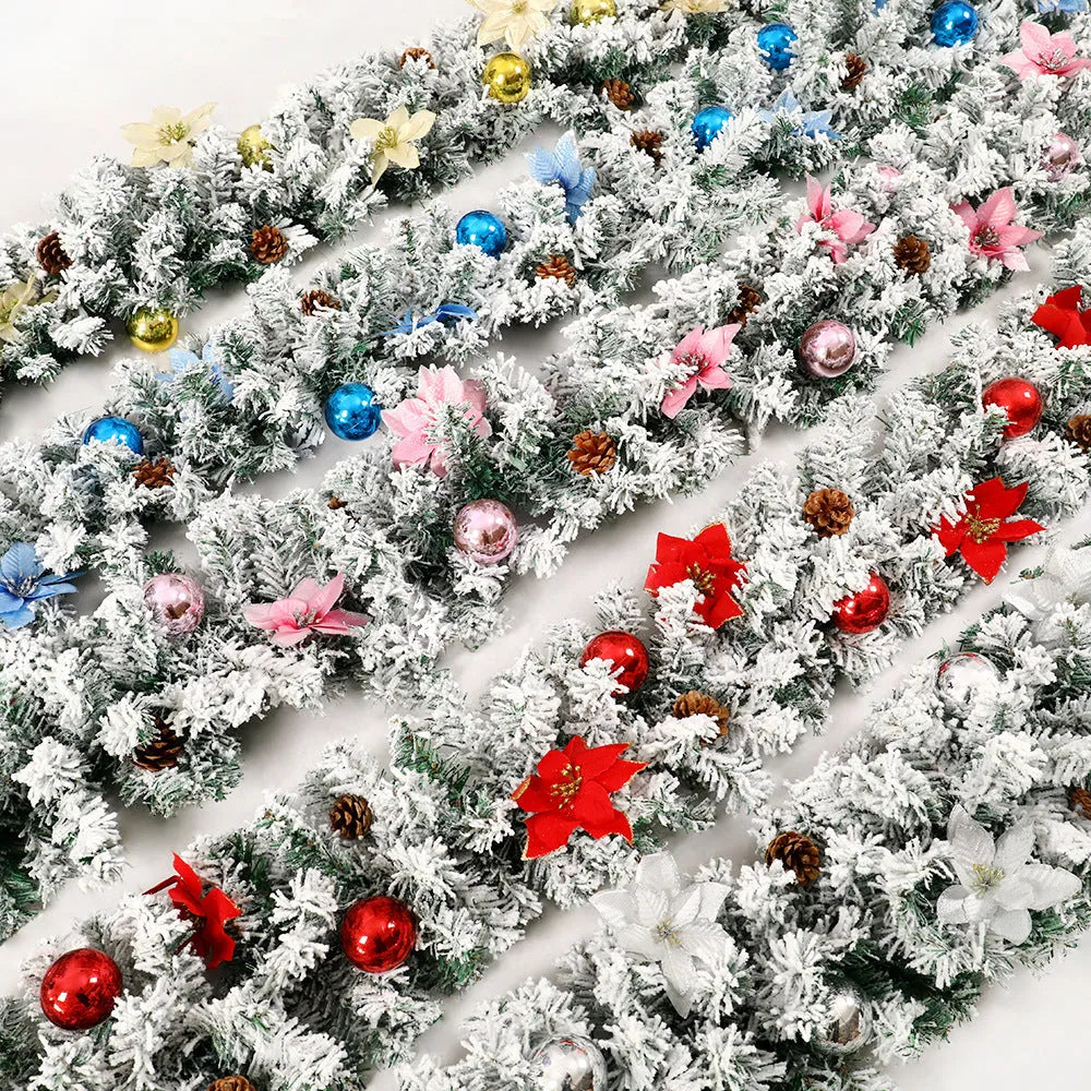 240cm flocked PVC Christmas rattan garland in green with snowy texture