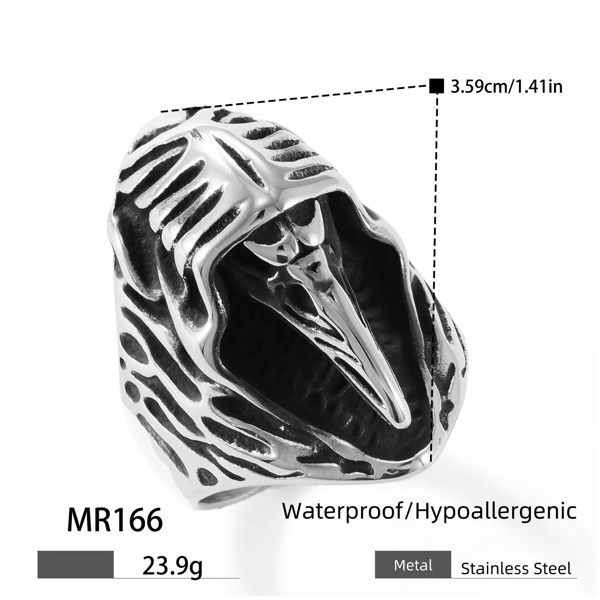 Crow titanium steel ring in MR166 colour with geometric punk design, unisex, size options 18 to 22
