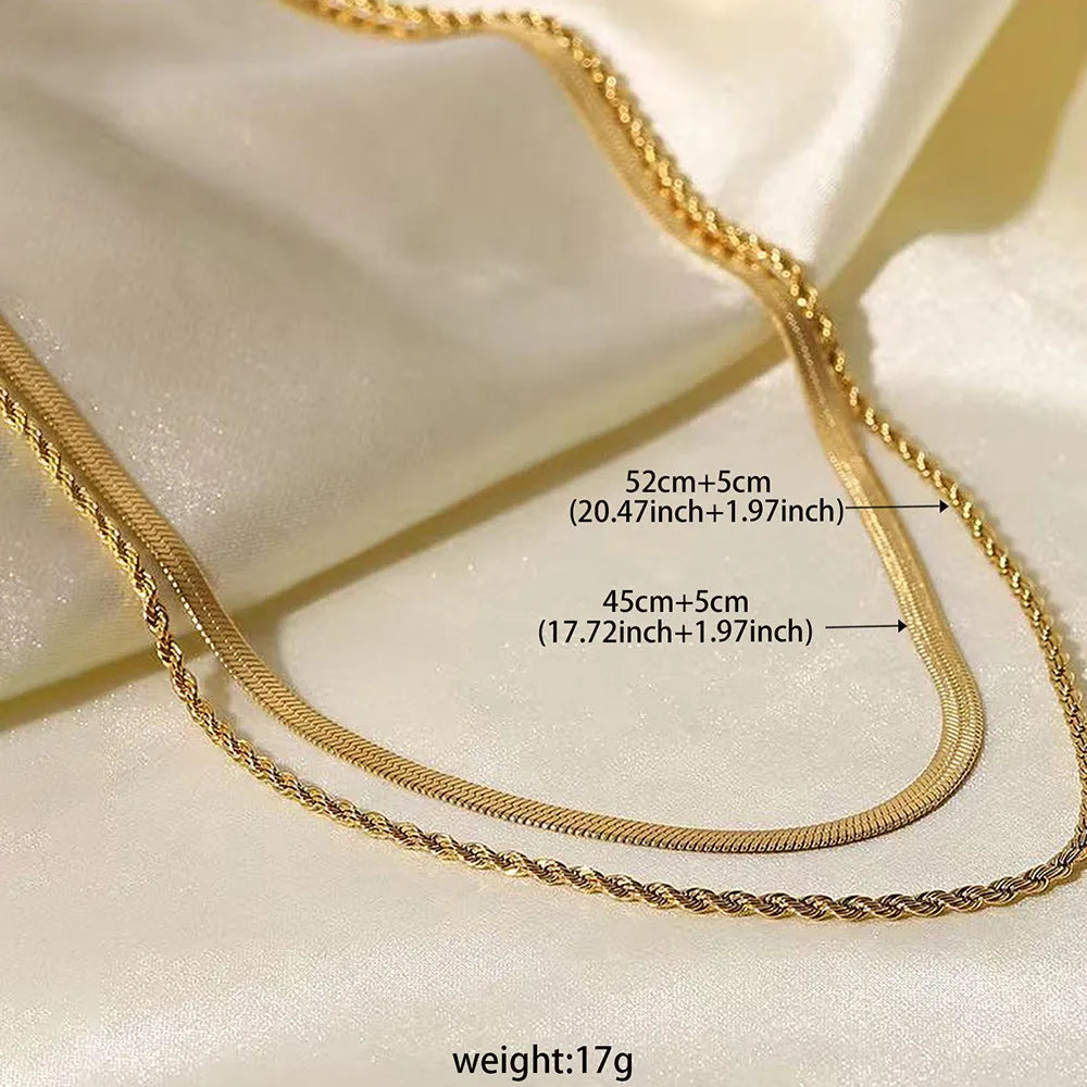 Women's retro geometric double-layer twist necklace with titanium steel pendant on adjustable snake bone chain