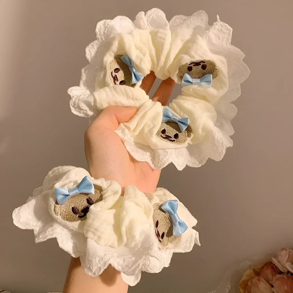 Bear blue bow lace large intestine hair ring elastic fabric hair accessory