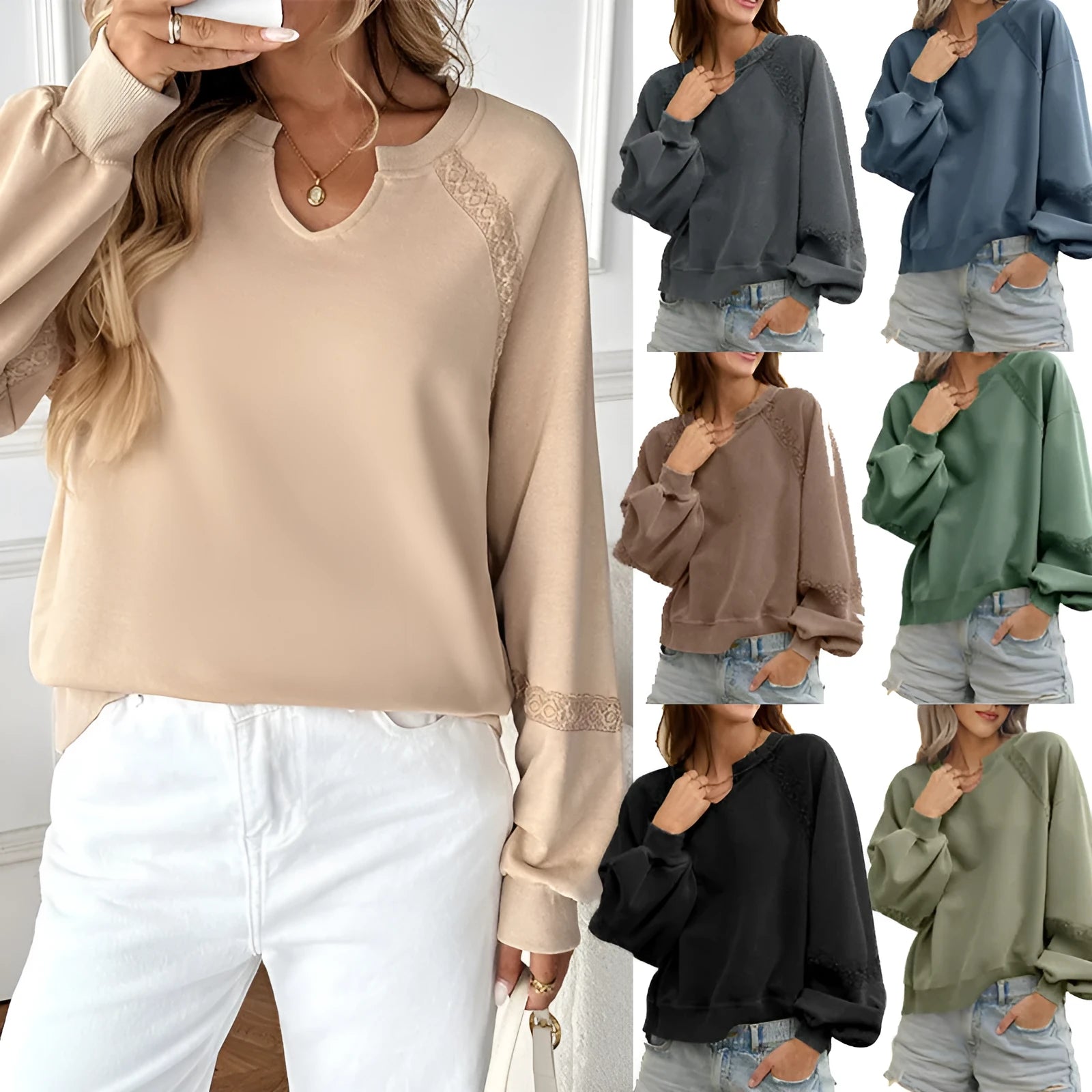 Women's half-open collar sweater with stitching lace detail in solid colour cotton polyester blend