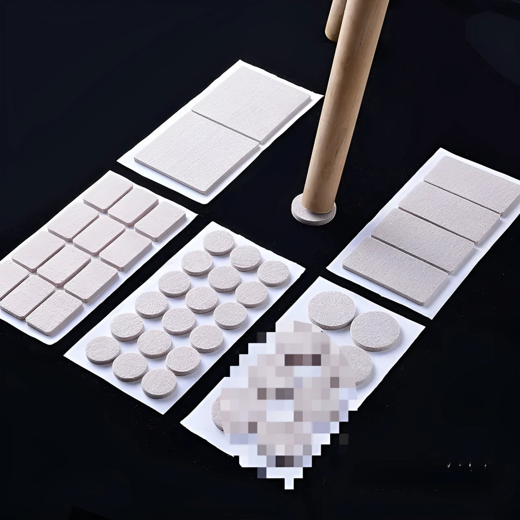 Beige plastic furniture protection foot pads set showing five different sizes including round and square shapes