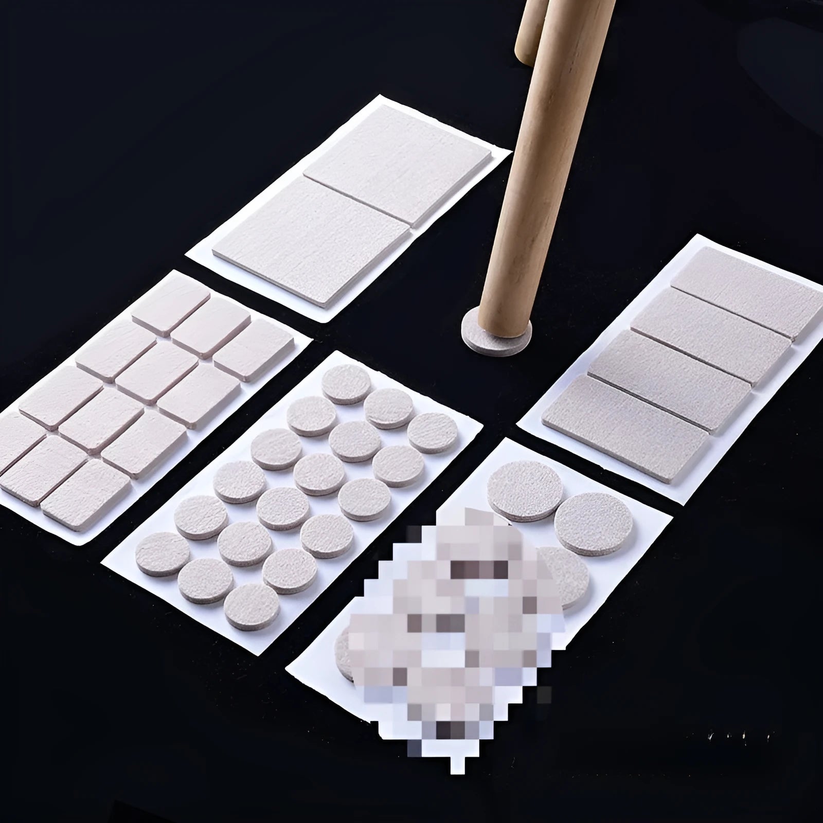 Beige plastic furniture protection foot pads set showing five different sizes including round and square shapes