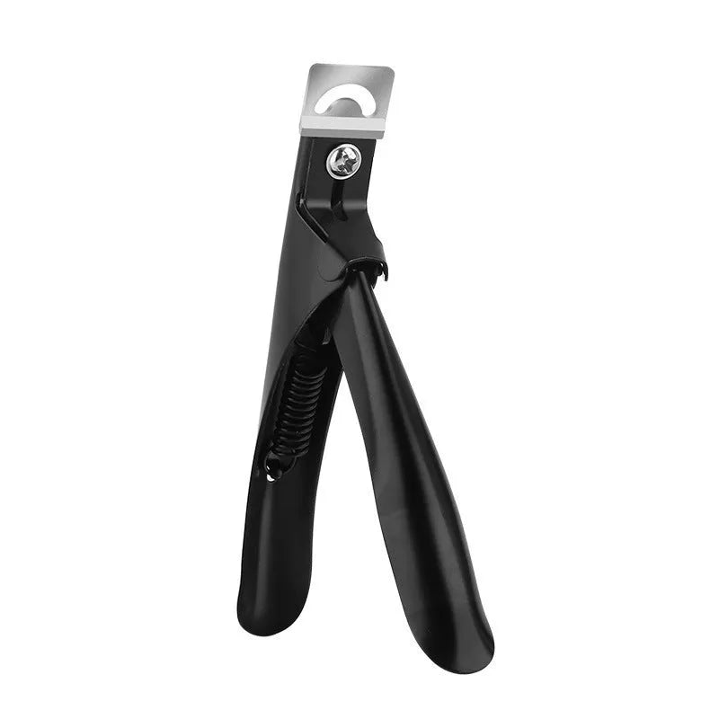 Close-up of stainless steel U-shaped nail art scissors in electrophoresis black finish.
