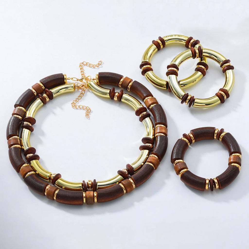 Women's multi-layer wooden necklace and bracelet set in exaggerated European style with alloy construction
