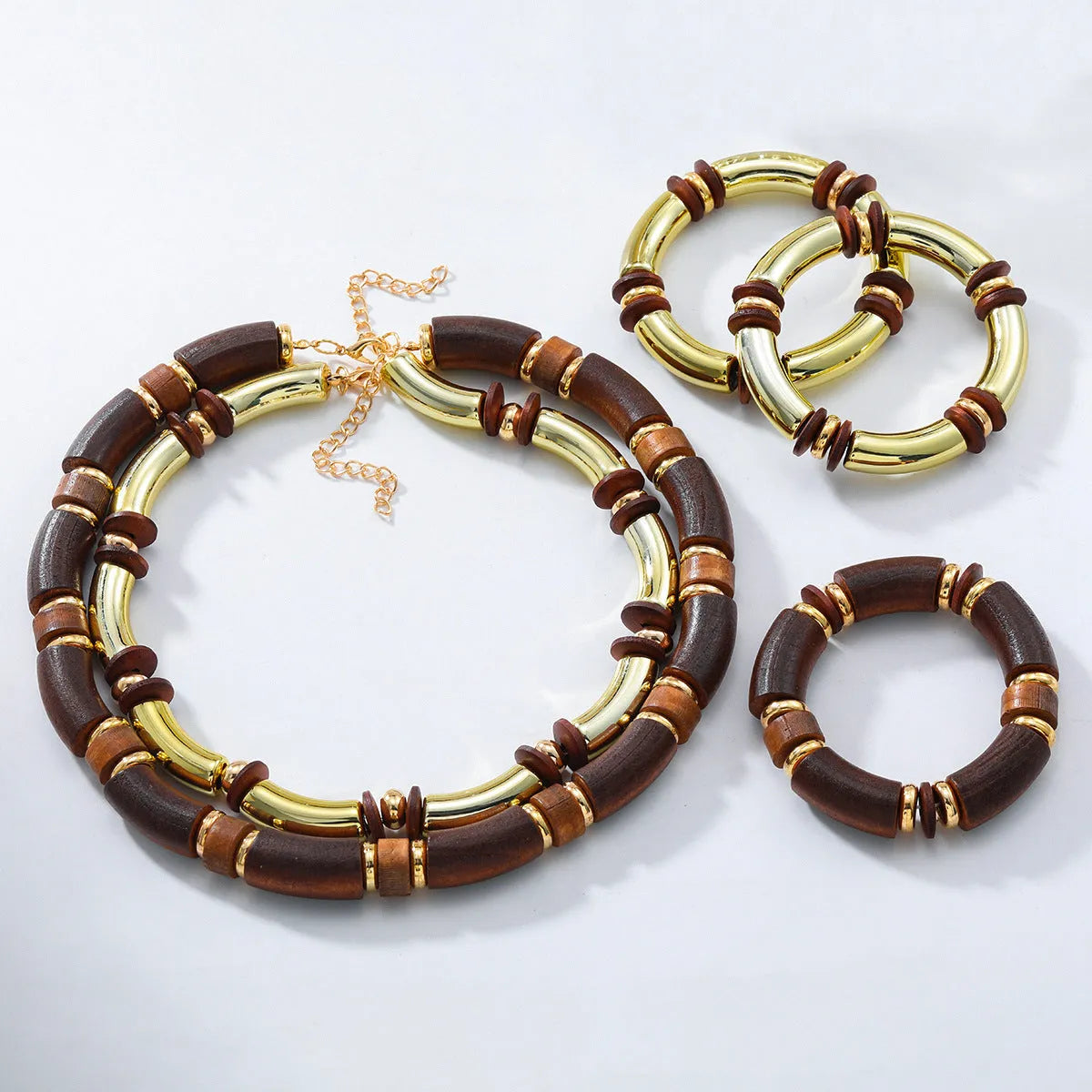 Women's multi-layer wooden necklace and bracelet set in exaggerated European style with alloy construction