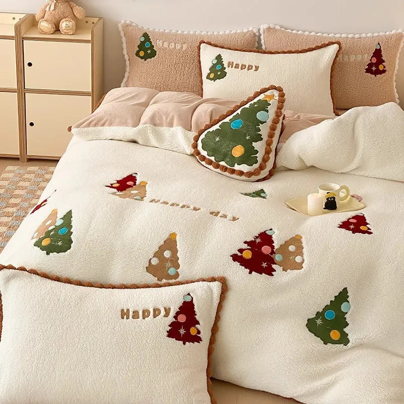 Bright yellow fleece-lined bedding set with cartoon Christmas trees, showing quilt cover and pillowcases.