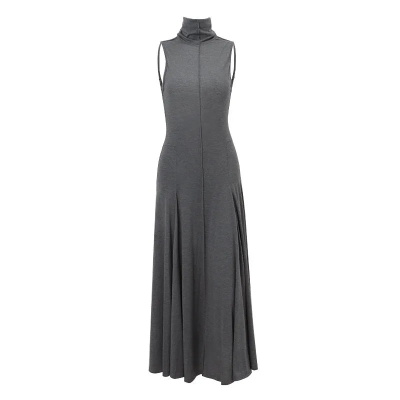 Grey women's slim-fit cotton dress with half turtleneck and backless design