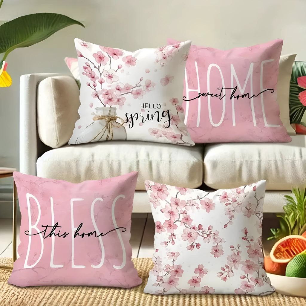 Square short velvet cushion cover with cherry blossom letter print, 45cm size, shown in one of four colour options.
