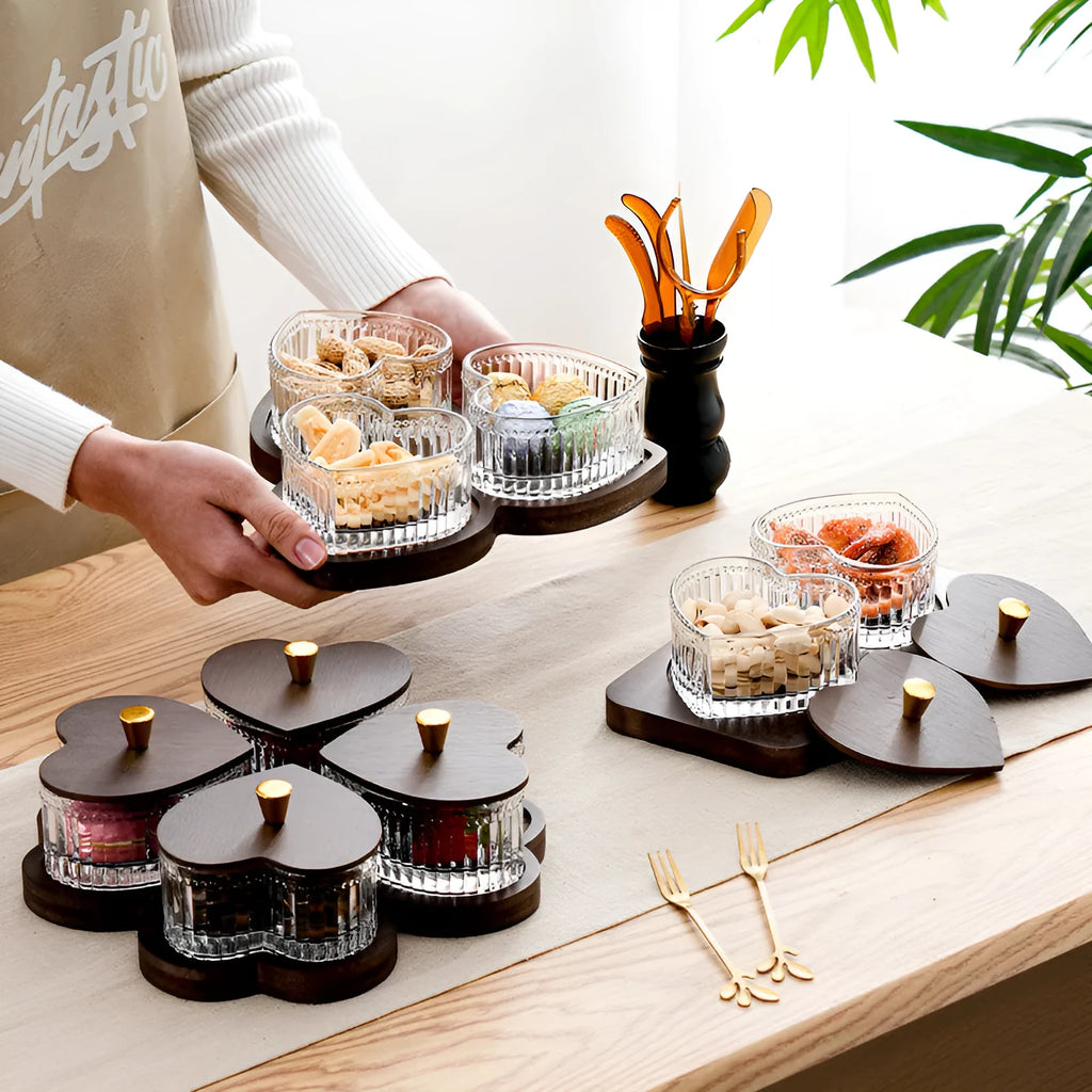 Glass dim sum plate with coloured glaze and transparent heart-shaped lids in multiple grid configurations