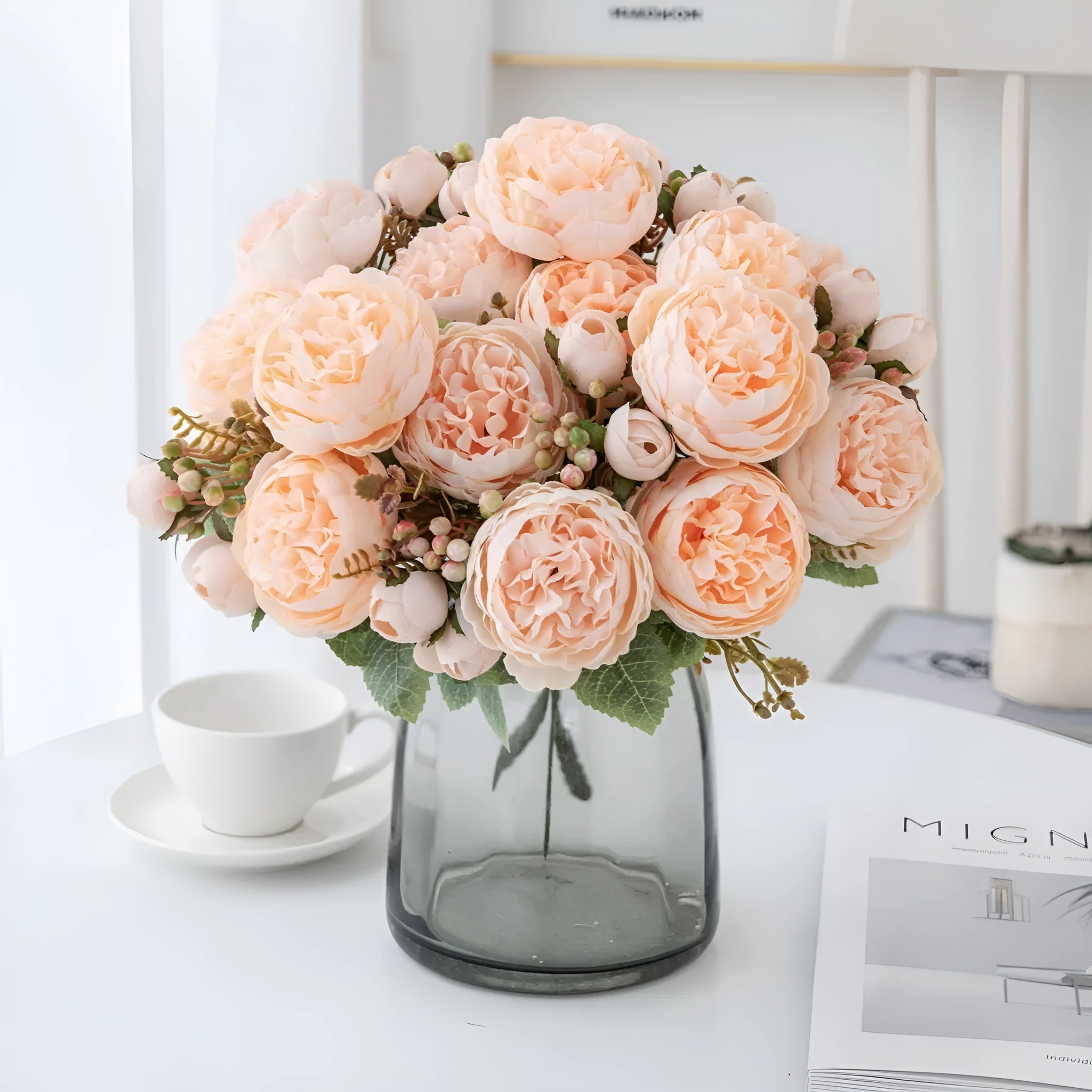 Artificial silk peony flower bouquet in champagne colour for home and wedding decoration