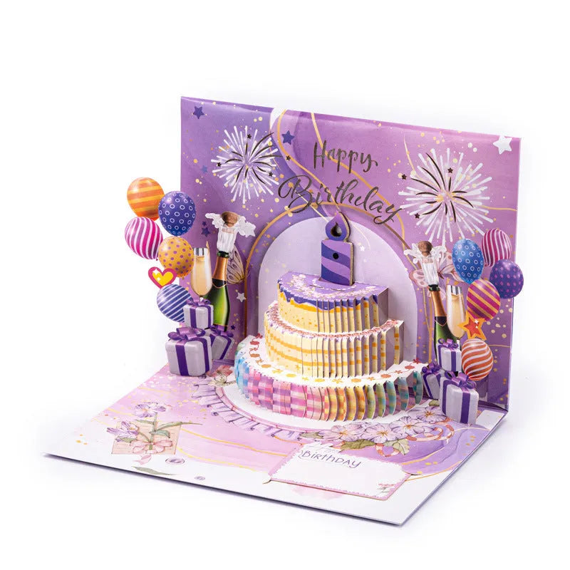 Chinese ink style 3D greeting card with folded cake design and light music element