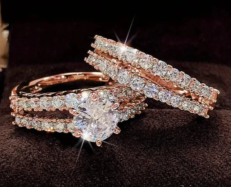 2-in-1 female ring set in alloy with fully jewelled design showing silver, gold, and rose gold colour options
