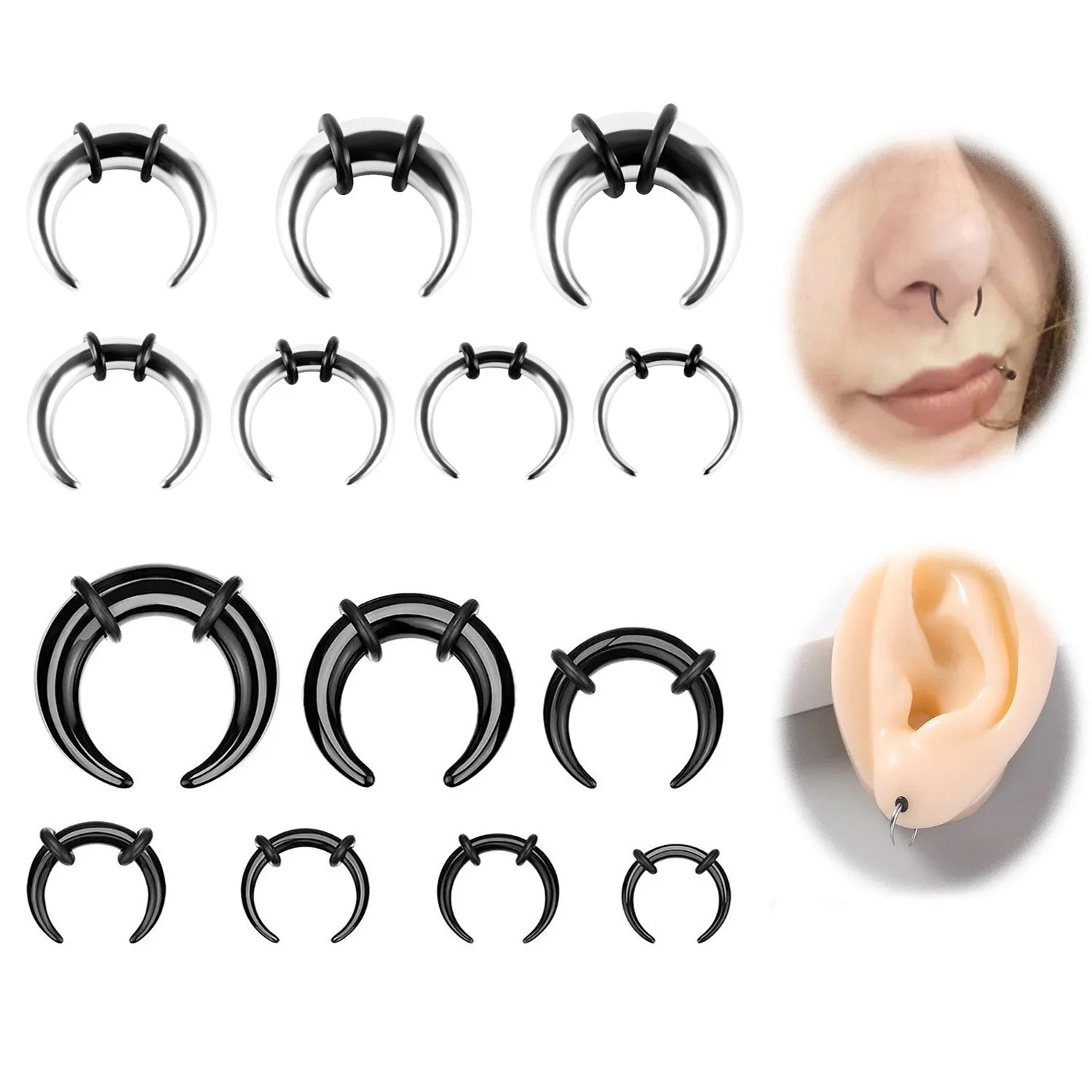 316 stainless steel C-shaped nose ring with buffalo horn geometric detail in black and steel colour.