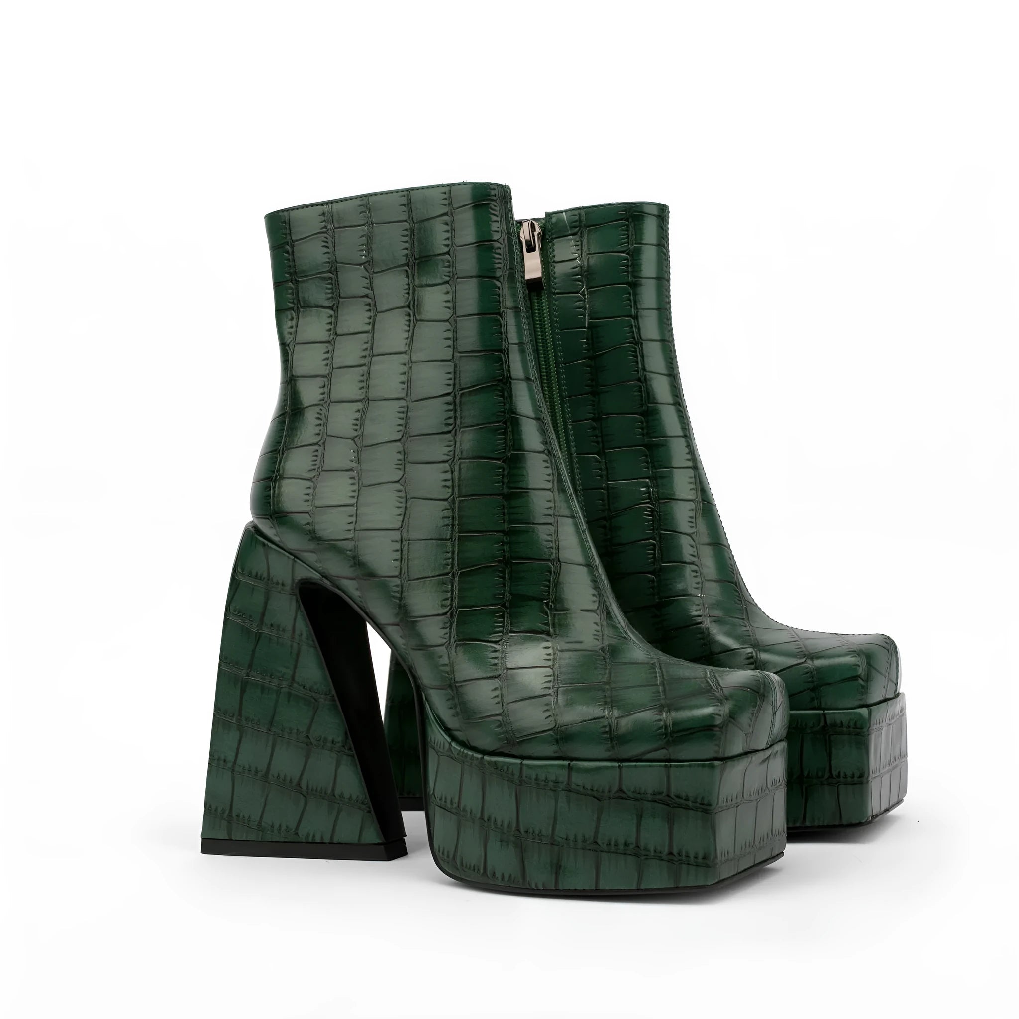 Women's high heel ankle boots in red, green, black, beige, and brown colours with over 8cm heels.